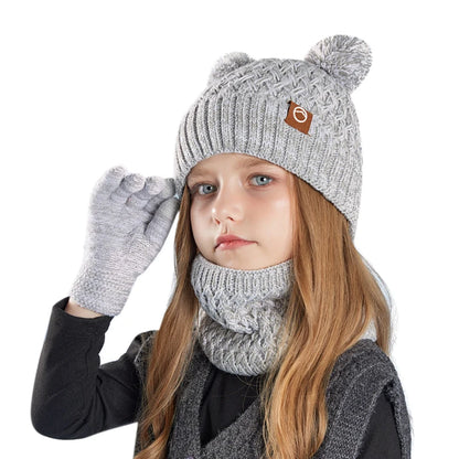 Winter Kids Hat Set Warm Beanie Scarf Gloves Pompom Fleece - Smarsty