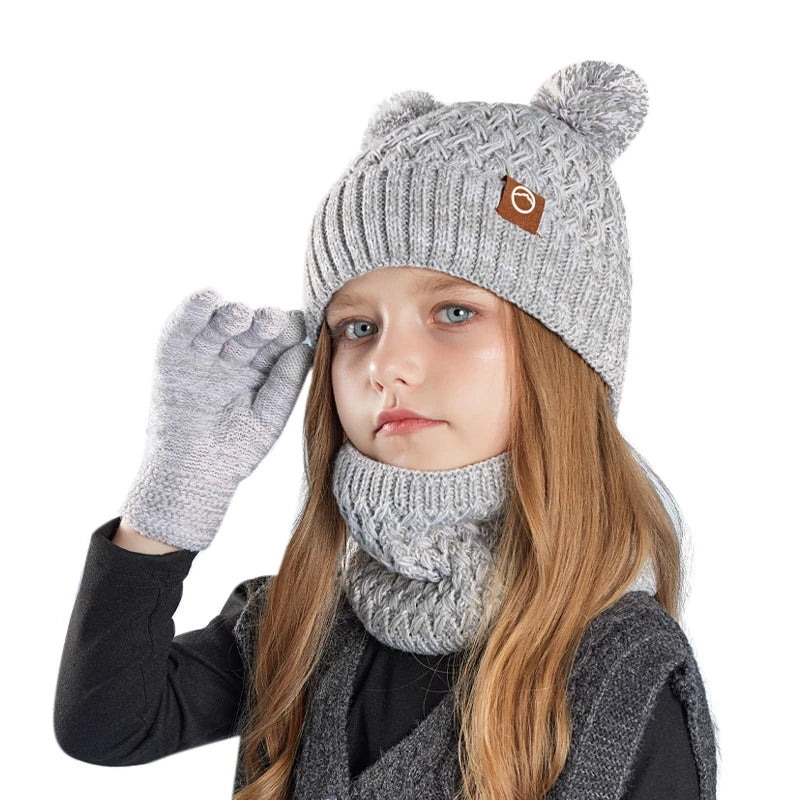 Winter Kids Hat Set Warm Beanie Scarf Gloves Pompom Fleece - Smarsty