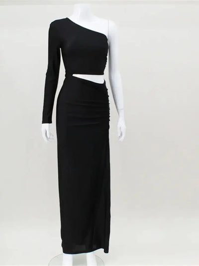CNYISHE One Shoulder Cut Out Split Ruched Maxi Dress for Women Elegant Party Prom Gown Dresses Woman Sexy Birthday Outfits Robes - Smarsty