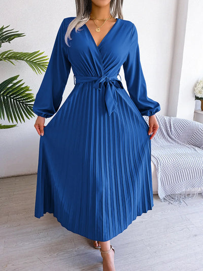 Women Elegant V Neck Long Sleeve Pleated Maxi Dress - Smarsty