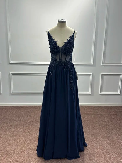 Spaghetti Straps Navy Blue A Line Evening Dresses 2025 Elegant Beaded Appliques Illusion Prom Gowns Formal Party Vestido De Gala