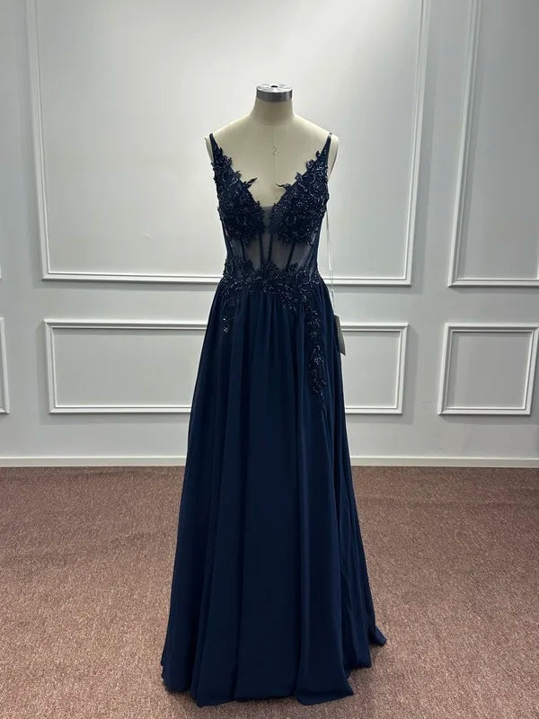 Spaghetti Straps Navy Blue A Line Evening Dresses 2025 Elegant Beaded Appliques Illusion Prom Gowns Formal Party Vestido De Gala