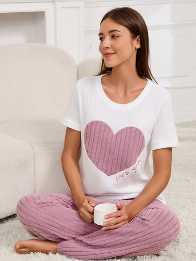 Women's new style pajamas set heart pattern short sleeve shirt trousers two-piece simple and lovely casual home wear - Smarsty