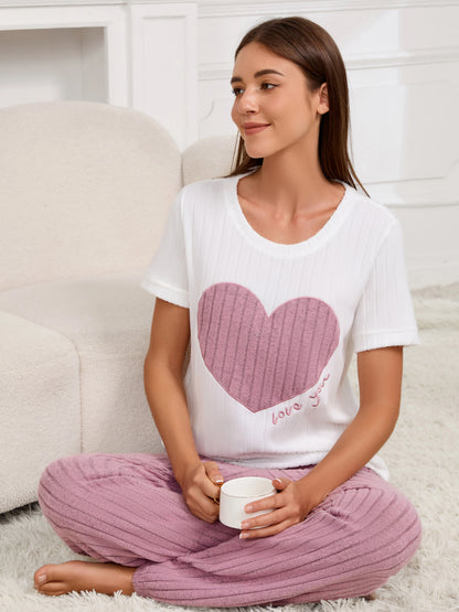 Women's new style pajamas set heart pattern short sleeve shirt trousers two-piece simple and lovely casual home wear - Smarsty