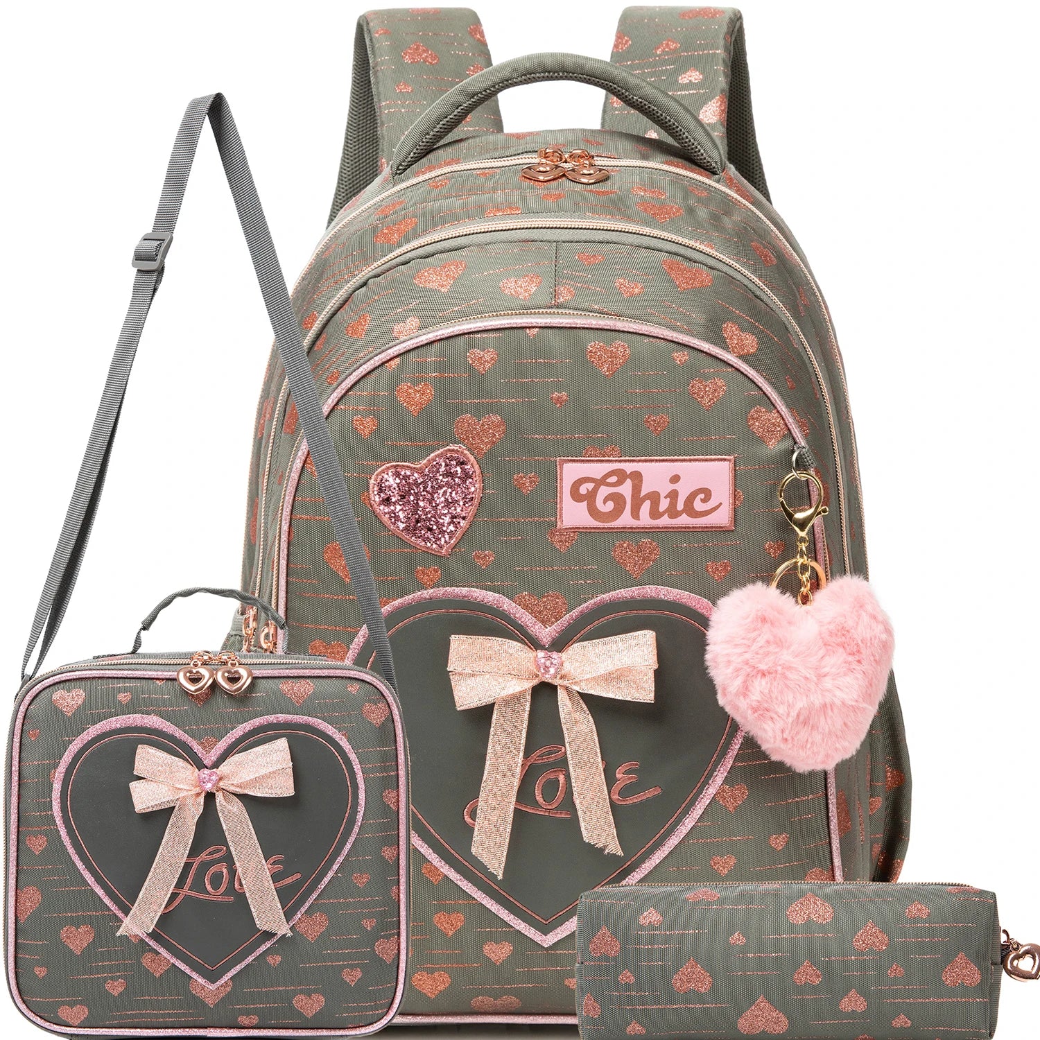 Girls Backpack With Bowknot Ribbon And Lunch Bag Pen Case - Smarsty