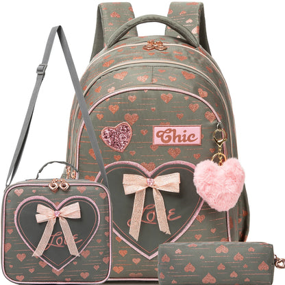 Girls Backpack With Bowknot Ribbon And Lunch Bag Pen Case - Smarsty