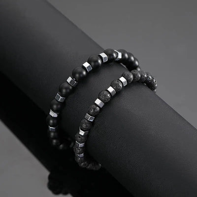 Frosted Black Volcanic Stone Men’s Bracelet Set - Smarsty