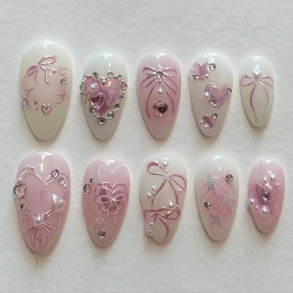 24 Piece Pink Almond Fake Nail Set With Bowknot Design - Smarsty