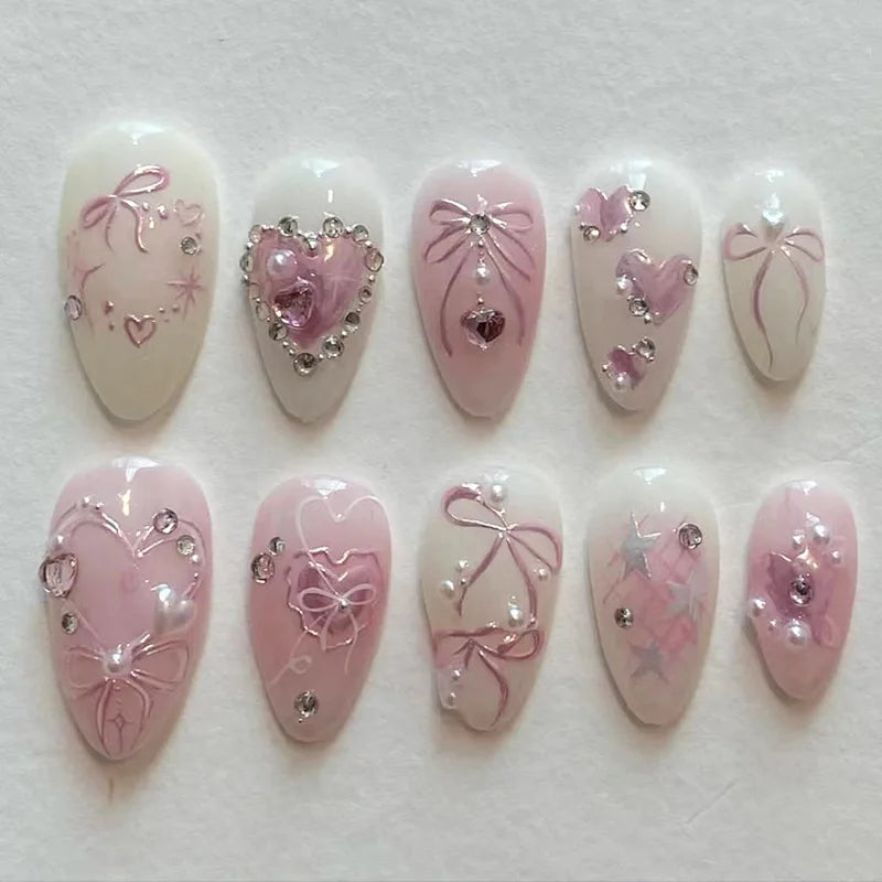 24 Piece Pink Almond Fake Nail Set With Bowknot Design - Smarsty