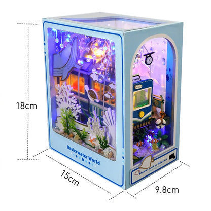 DIY Book Nook Shelf Insert Kit 3D Wooden Puzzle Doll House Assembly Building Model Bookends With Furniture LED Light Xmas Gifts by Smarsty