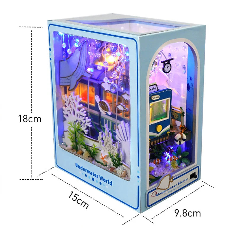 DIY Book Nook Shelf Insert Kit 3D Wooden Puzzle Doll House Assembly Building Model Bookends With Furniture LED Light Xmas Gifts by Smarsty