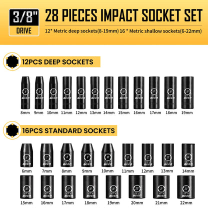 BOEN 3/8" Drive Impact Socket Set, 59-Piece Standard SAE (5/16 to 3/4 inch) and Metric (6-22mm), Include 9-Piece E-Torx Socket