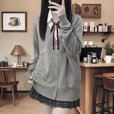 Japanese fashion solid color V-neck knitted sweater,original newJK uniform cardigan top,autumn and winter women's cotton sweater - Smarsty