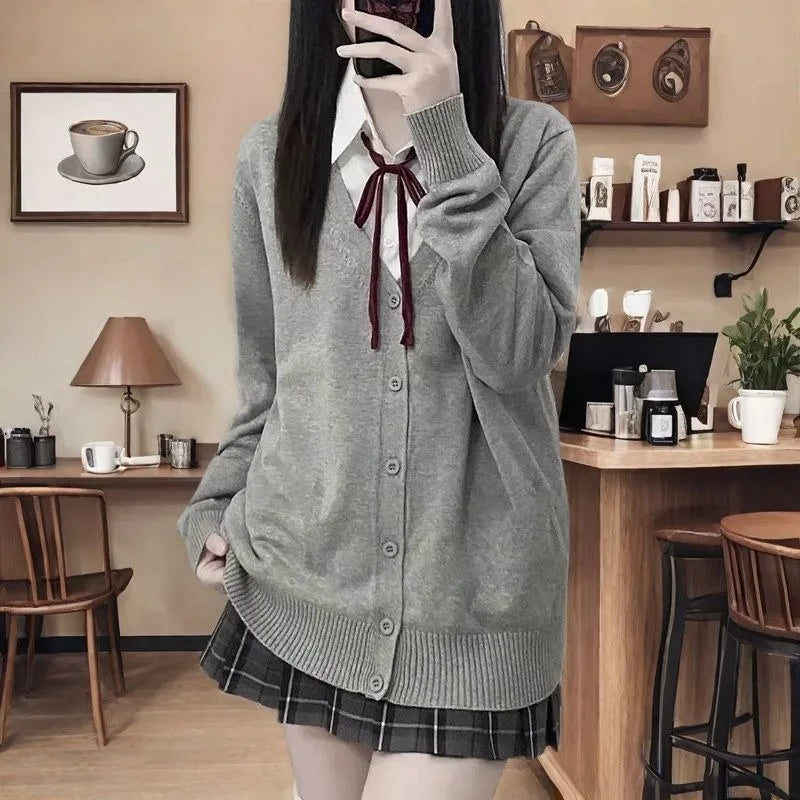 Japanese fashion solid color V-neck knitted sweater,original newJK uniform cardigan top,autumn and winter women's cotton sweater