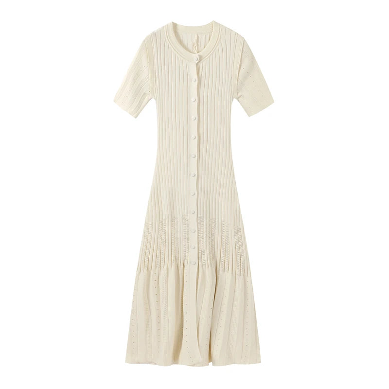 Elegant Knitted Dress Women Solid Single Breasted O Neck Short Sleeve High Waist Hip Package Dresses 2025 Autumn Chic Robes Lady