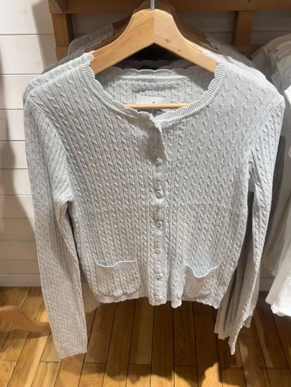 Pockets Twist Flower Knitted Sweater Cardigan O-Neck Single Breasted Long Sleeve Slim Sweaters Vintage Streetwear Gray Crop Tops - Smarsty