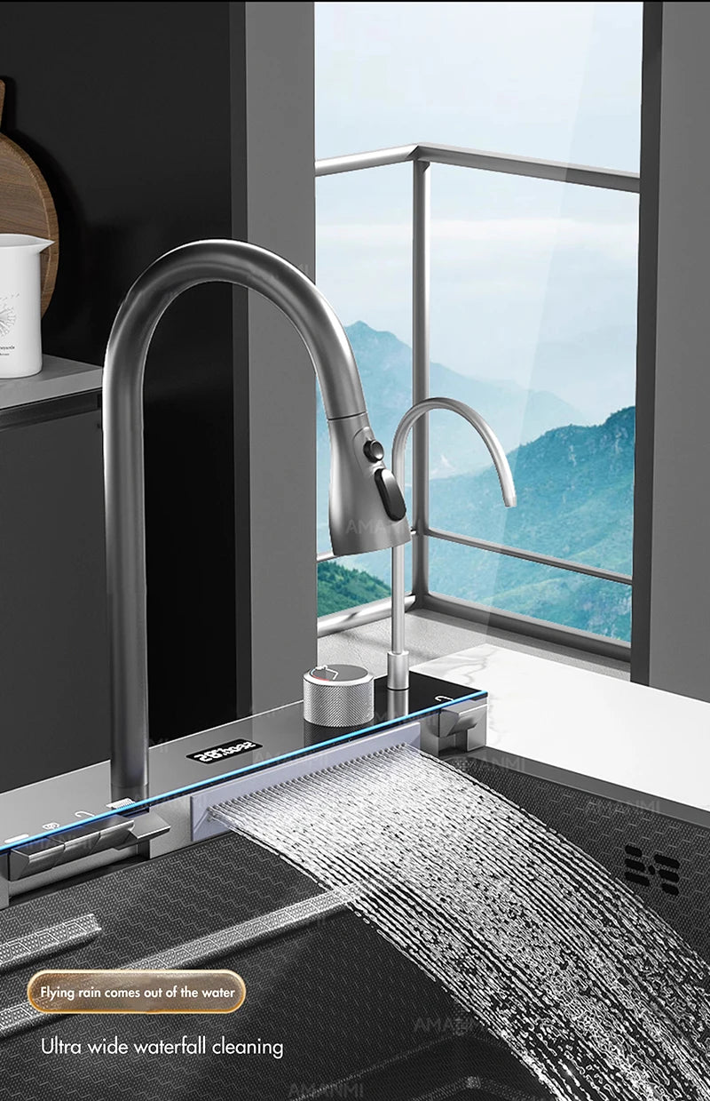 Large Stainless Steel Kitchen Sink with Digital Faucet Display - Smarsty