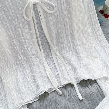 2024 White Tie Up Summer Cardigan Women Sexy Long Sleeve Sheer Mesh Crop Tops Woman Chic All Match Short Printed T Shirt Mujer
