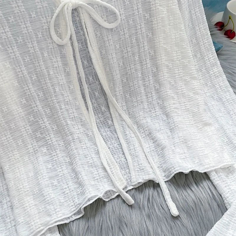 2024 White Tie Up Summer Cardigan Women Sexy Long Sleeve Sheer Mesh Crop Tops Woman Chic All Match Short Printed T Shirt Mujer