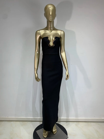 Ladies Women Celebrity Sexy Strapless Backless Black Maxi Long Bodycon Bandage Dress 2025 Elegant Evening Club Party Outfit