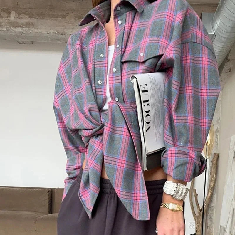 Oversized Plaid Shirt Autumn Winter Women Vintage Long Sleeve Fashion Loose Lapel Pocket Shirt Fit Blouse Korean Style - Smarsty