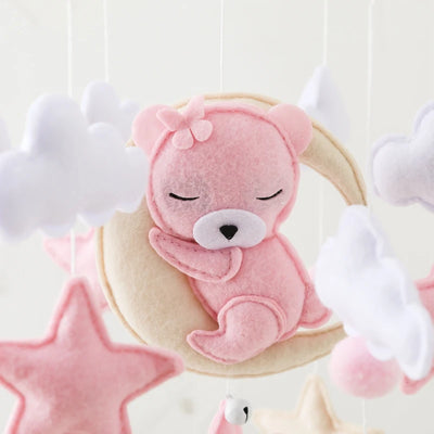 Wooden Crib Mobile Baby Bed Bell Rattle Toy Soft Felt Cartoon Bear Mobile Hanging Newborn Music Box Bed Bell Hanging Bracket Toy by Smarsty