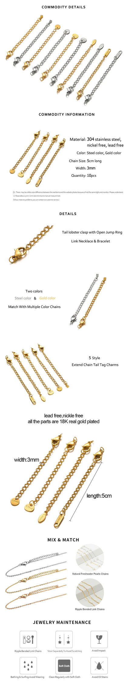 Stainless Steel Extension Chains Lobster Clasps Durable - Smarsty