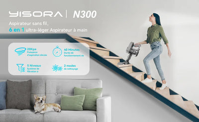 YISORA N300 Cordless Upright Vacuum Cleaner, 20Kpa Ultra Lightweight Stick Vacuum for Carpet, Hard Floor, Car, Pet Hair - Smarsty