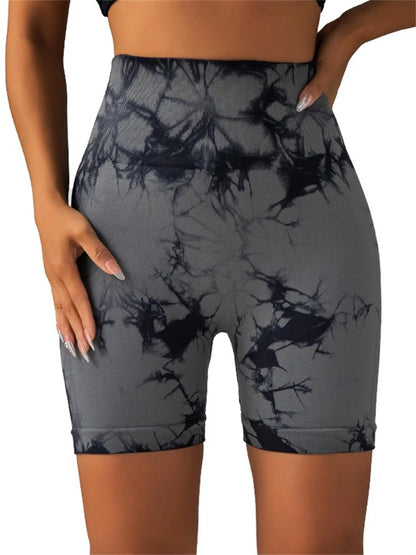 Women's Tie Dye Print Ruched High Waist Sports Shorts, Casual Comfy Breathable Seamless Skinny Shorts for Yoga Gym Workout - Smarsty