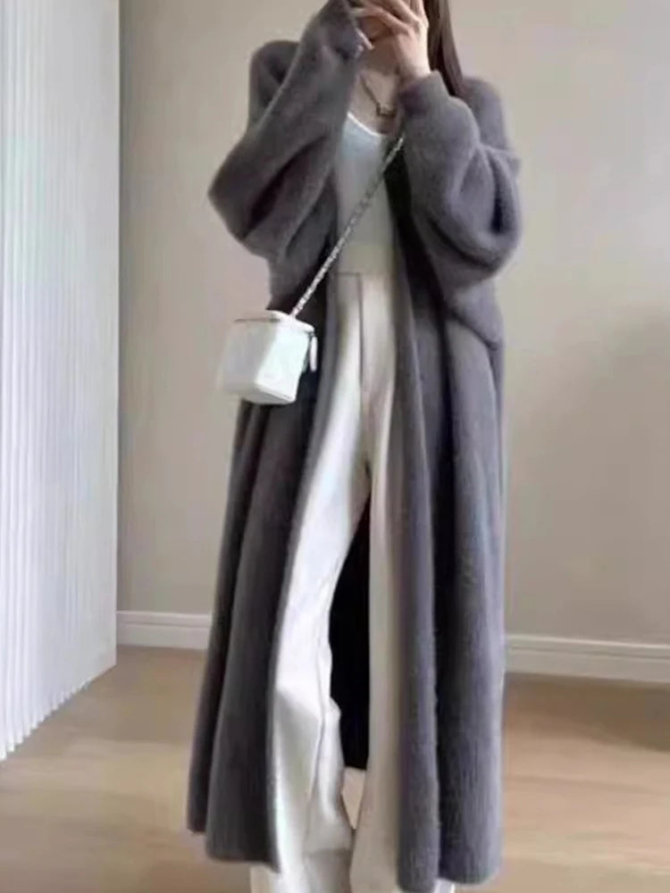Autumn/Winter Lazy Style Warm Knee Length Thickened Women Cardigan Pure Imitation Mink Fleece Knitted Sweater Women Warm Coat - Smarsty