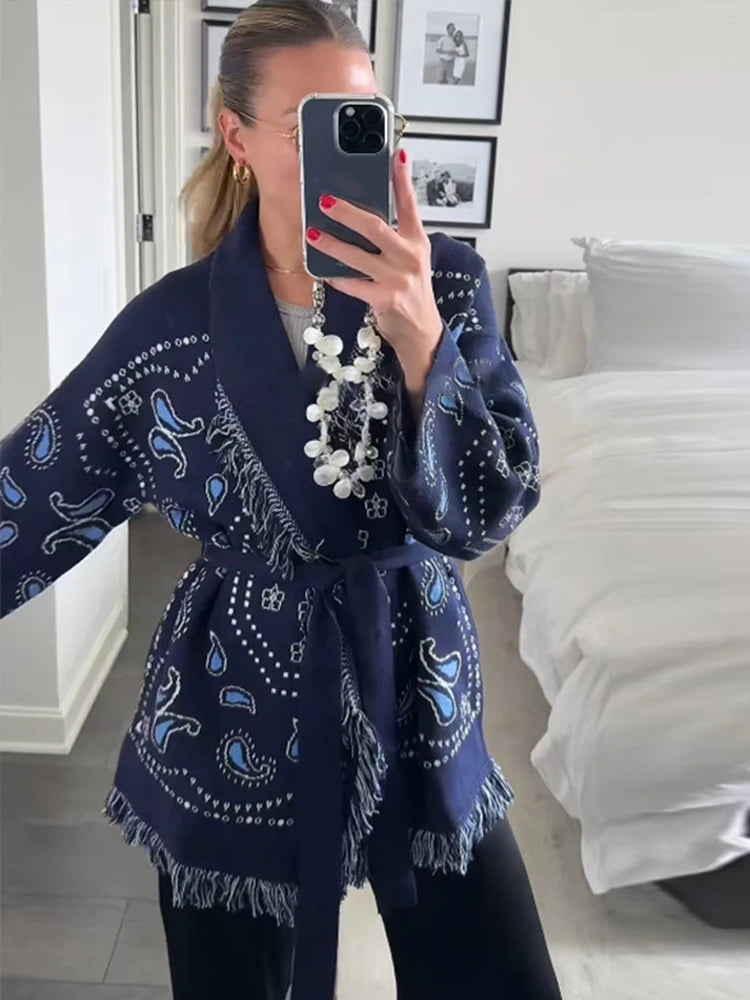 Tassel Patchwork Printed Cardigan Women Geometric Patterns Belts V-neck Long Sleeve Knitted Street Lady Sweater 2025 Autumn Coat - Smarsty