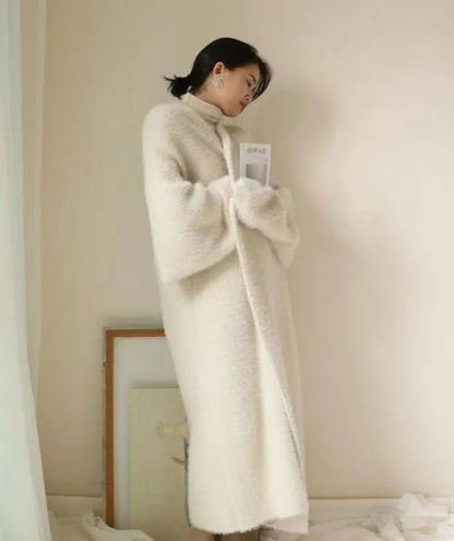 white Long Cardigan for women 2025 new winter clothes Knitted fluffy long sleeve Cashmere sweater coat korean style warm vintage - Smarsty