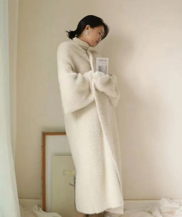 white Long Cardigan for women 2025 new winter clothes Knitted fluffy long sleeve Cashmere sweater coat korean style warm vintage - Smarsty