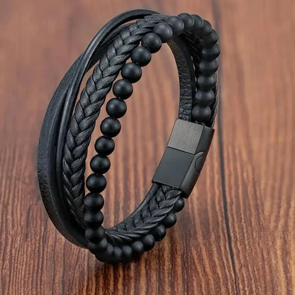 Men's Leather Charm Bracelet Stainless Steel Magnetic Clasp - Smarsty