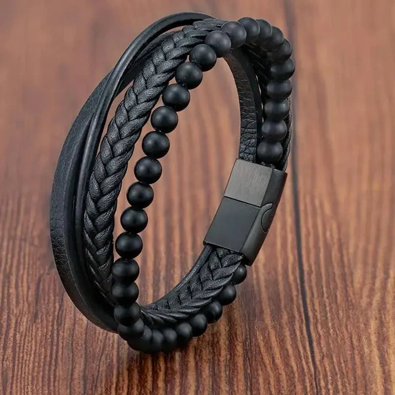 Men's Leather Charm Bracelet Stainless Steel Magnetic Clasp - Smarsty