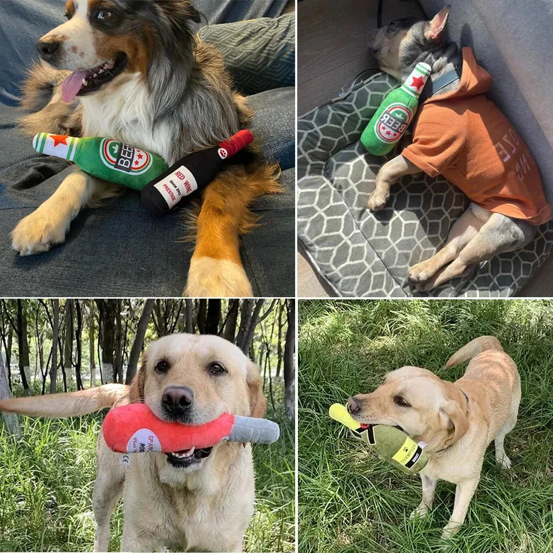 Funny Plush Dog Beer Bottle Squeaky Chew Toy - Smarsty