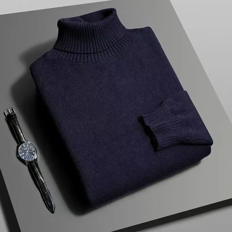 Autumn Mens High Quality Knitted Turtleneck Sweater Slim Fit Long Sleeve Anti-pilling Pullover Solid Color Trend Men Streetwea - Smarsty