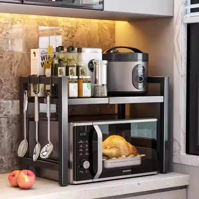 Carbon Steel Thickened Retractable Kitchen Shelf Microwave Rack Oven Rack Rice Cooker Rack Storage Household Double Layer by Smarsty