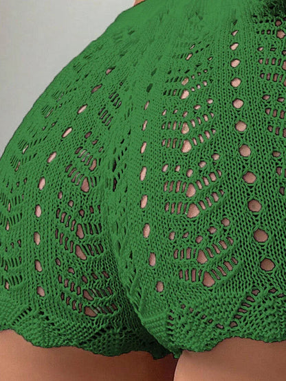 Polyester100.00% Hollow Drawstring Open Waist Knitted Bikini Blocked Women's Shorts - Smarsty