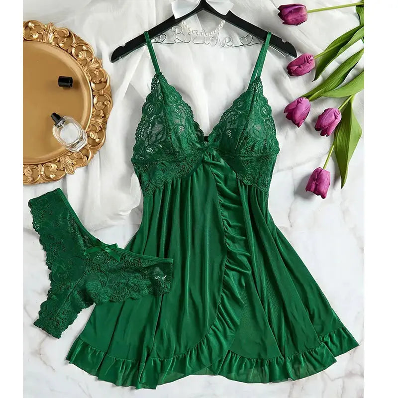 Summer Sexy Lingerie Dress Women Lace See Through Nightdress Sleepwear Solid Slim Soft V Neck Full Slip Sleepwear & Dresses - Smarsty