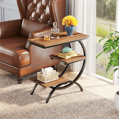 Tribesigns C-Shaped End Table, Industrial 3-Tier Small Table for Couch, Wood Bedside Table Snack Table with Storage Shelves - Smarsty