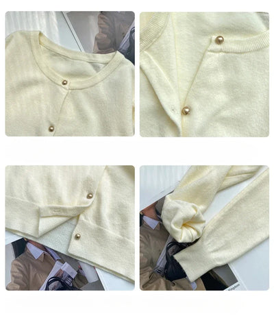 Solid Color Knitted for Women Cardigan Korean Single Breasted Long Sleeve Jumper Woman Round Neck All Match Cardigans Outwear - Smarsty