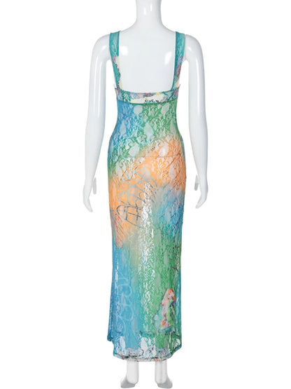 Dulzura Lace Print Cut Out Maxi Dress Bodycon Sexy Party Club Y2K Outfits Streetwear Bandage Dress Vestido Classic Prom