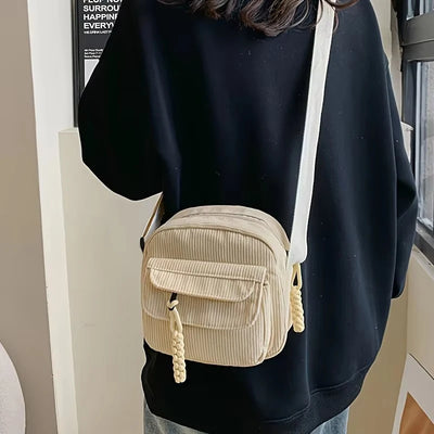 Corduroy Crossbody Bag Zipper Closure Adjustable Strap - Smarsty