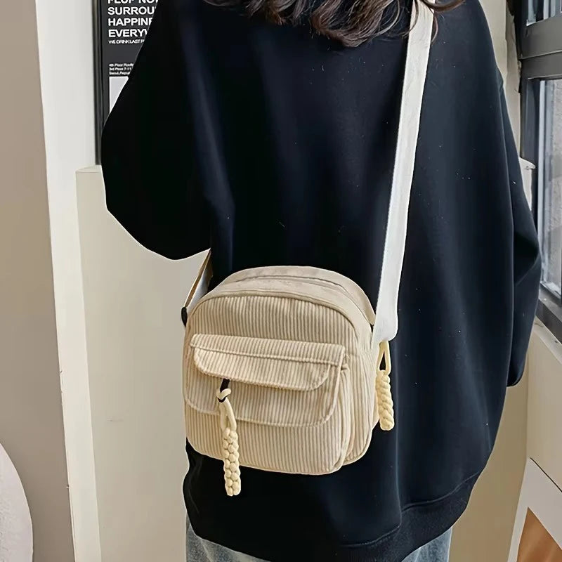 Corduroy Crossbody Bag Zipper Closure Adjustable Strap - Smarsty