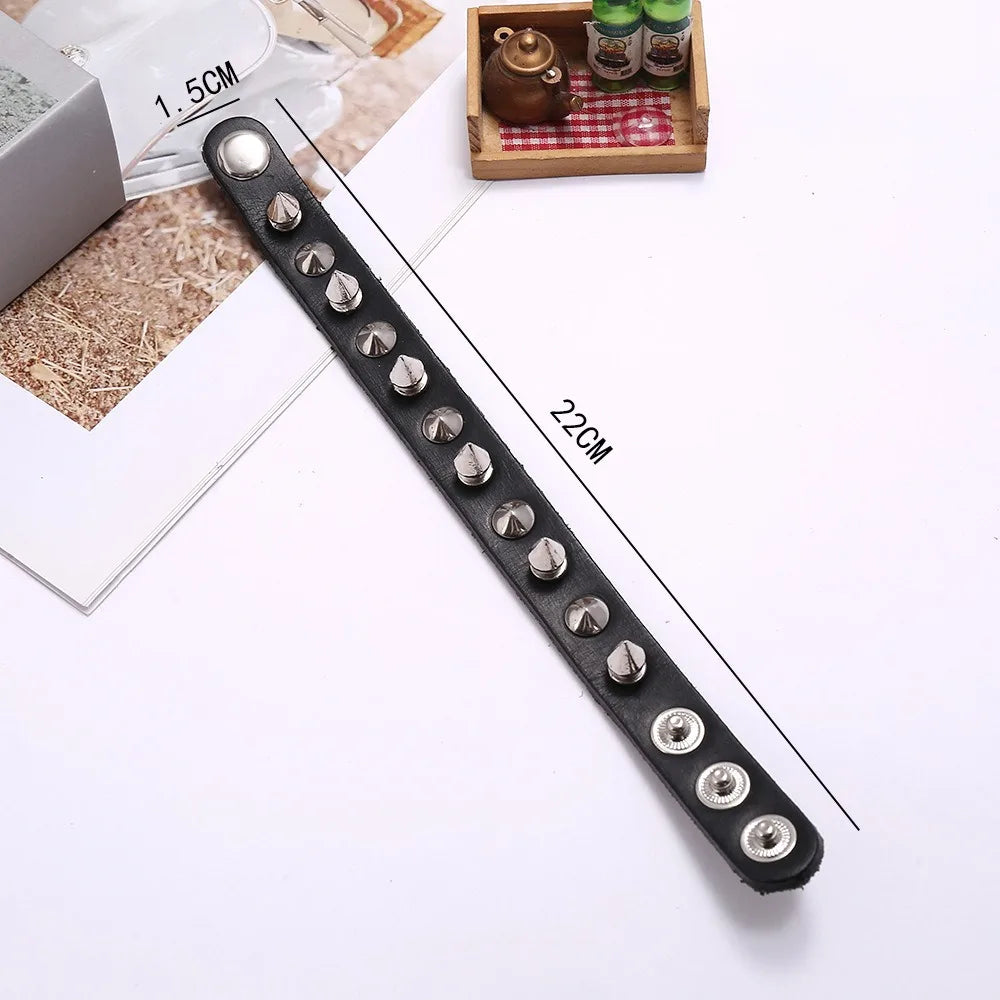 Black Goth Leather Bracelets Set with Rivet Spikes - Smarsty