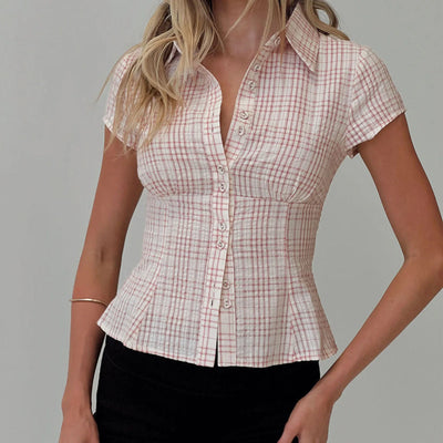 hirigin Women's Y2K Short Sleeve Plaid Button Down Shirt Button Down Blouses Tops Casual Summer Shirt Tops 90s Streetwear - Smarsty