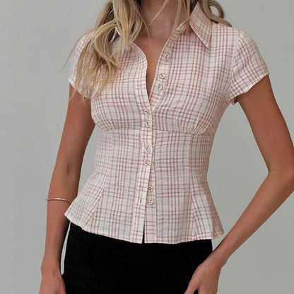 hirigin Women's Y2K Short Sleeve Plaid Button Down Shirt Button Down Blouses Tops Casual Summer Shirt Tops 90s Streetwear - Smarsty