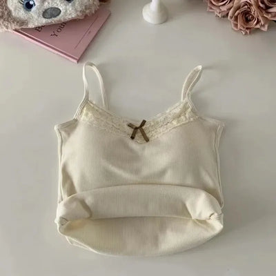 New Knitted Crop Top For Women Solid Color Lace Sling Tops Knitwear Tank Top Female Sexy Slim Camisole Sweet Short Beau Back Top - Smarsty