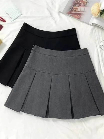 Vintage Gray Pleated Skirt Women Kawaii High Waist Mini Skirts Korean Fashion School Uniform Harajuku Streetwear Spring - Smarsty